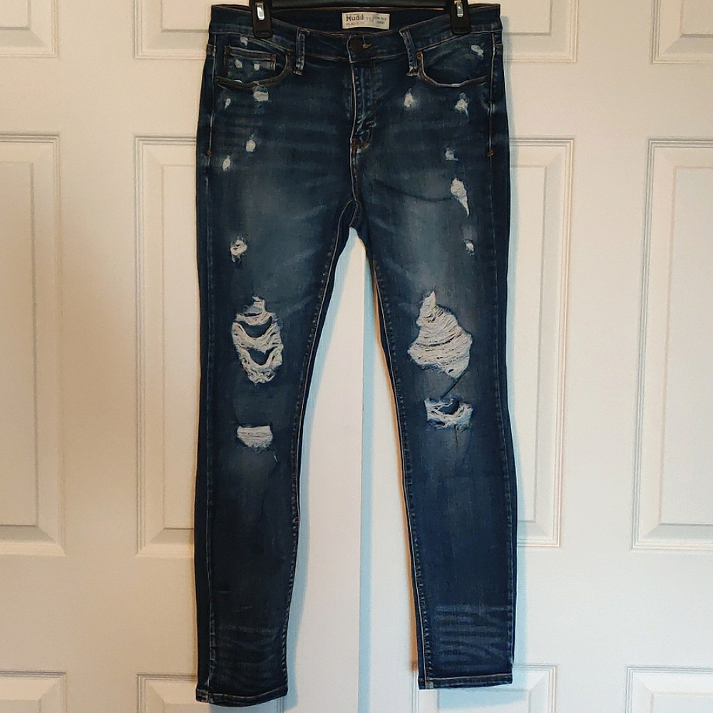 Blue ripped skinny jeans, low rise